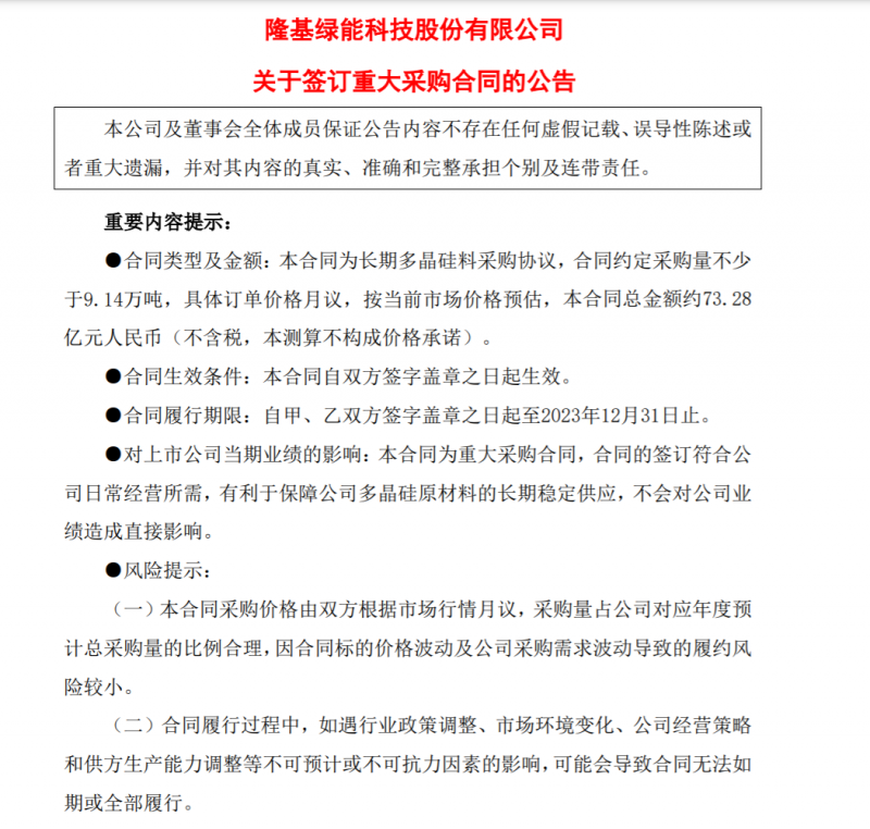 9.14万吨！隆基协鑫签订多晶硅料三年长单，总金额73.28亿元