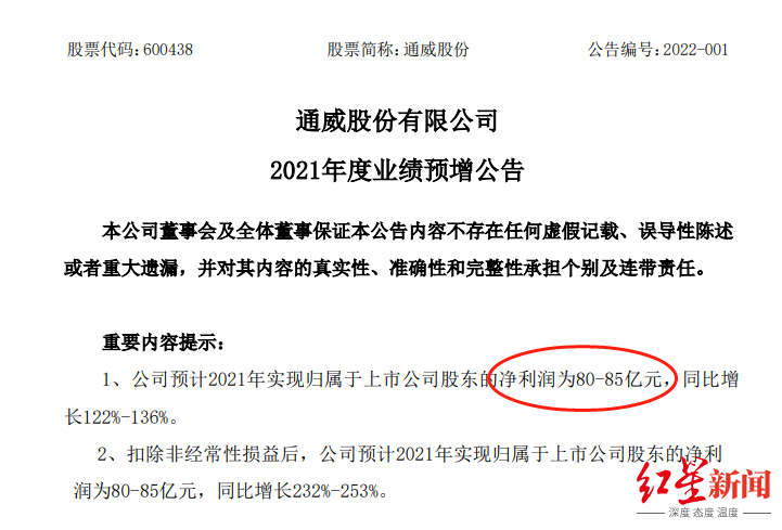 通威股份2021年度业绩预告 同比增长122%-136%