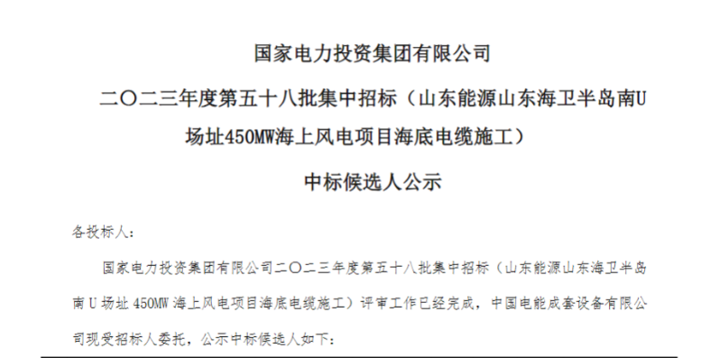 国家电投450MW海上风电项目海底电缆施工中标候选人公示